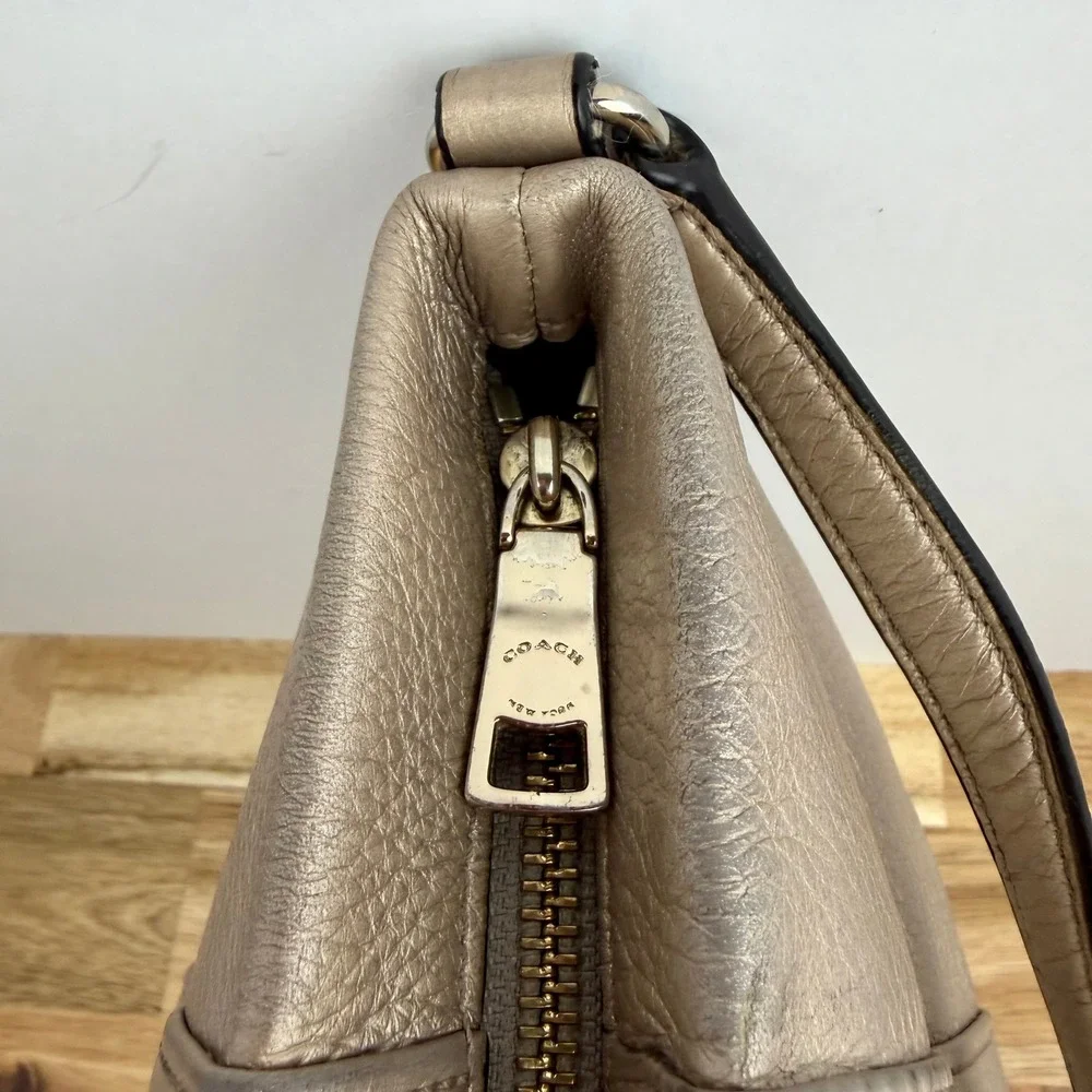 Coach Metallic Champagne Gold Pebbled Leather Shoulder Bag Purse